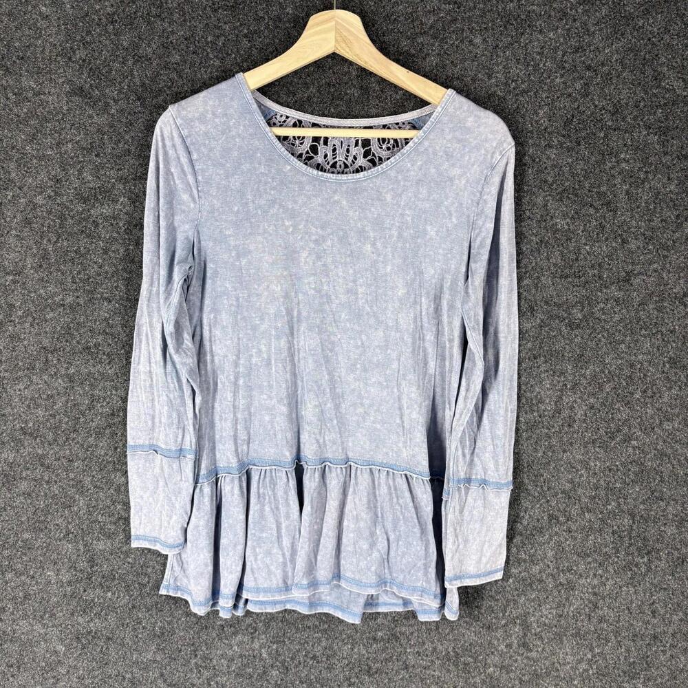Kori America Blouse Women S Small Blue Long Sleeve Round Neck Cotton Casual